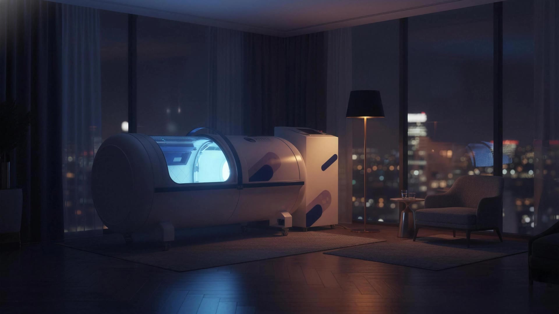 Inside a hyperbaric chamber: quilted walls and a starlit ceiling